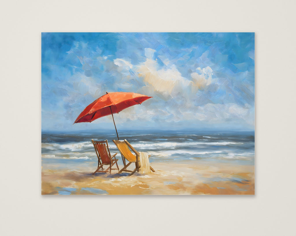 Beach Chairs Umbrella Ocean Painting as an unframed matte paper print