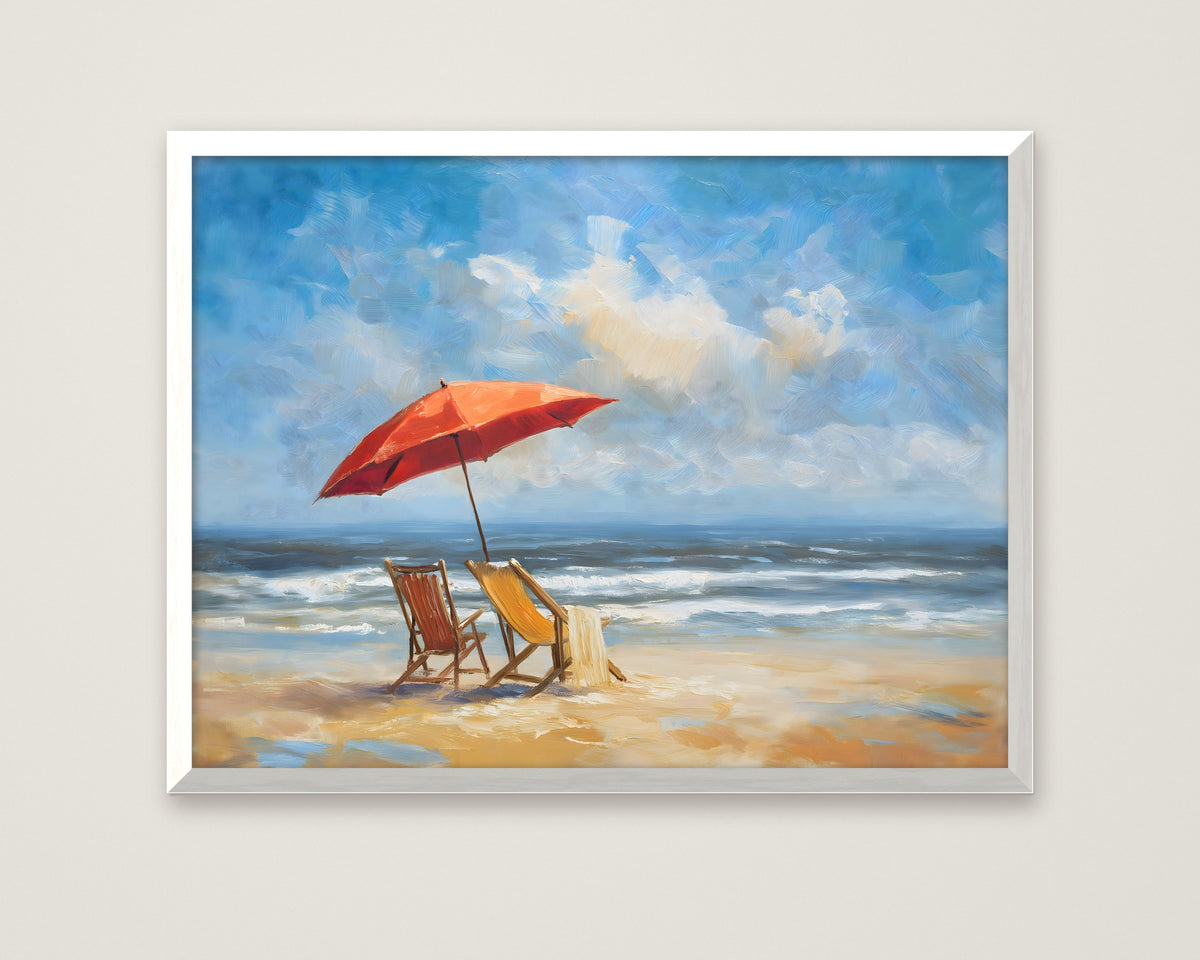 Beach Chairs Umbrella Ocean Painting in a white frame