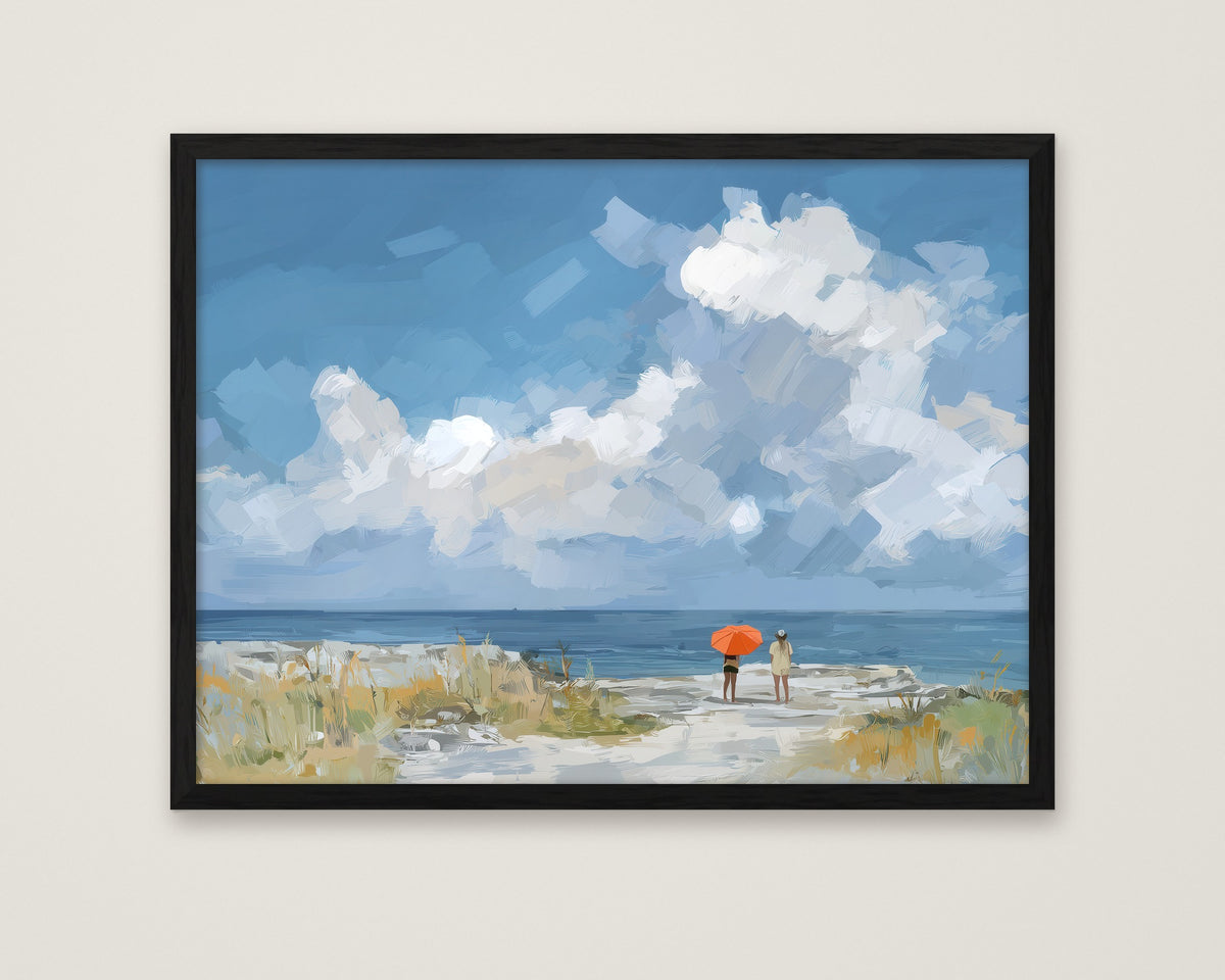 Beach Figures Coastal Painting in a black frame