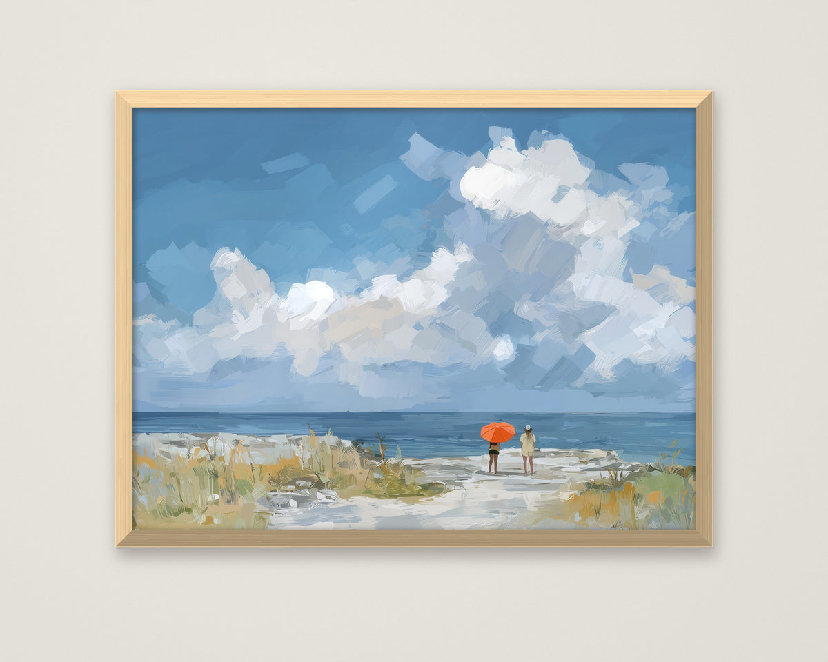Beach Figures Coastal Painting in a natural wood frame