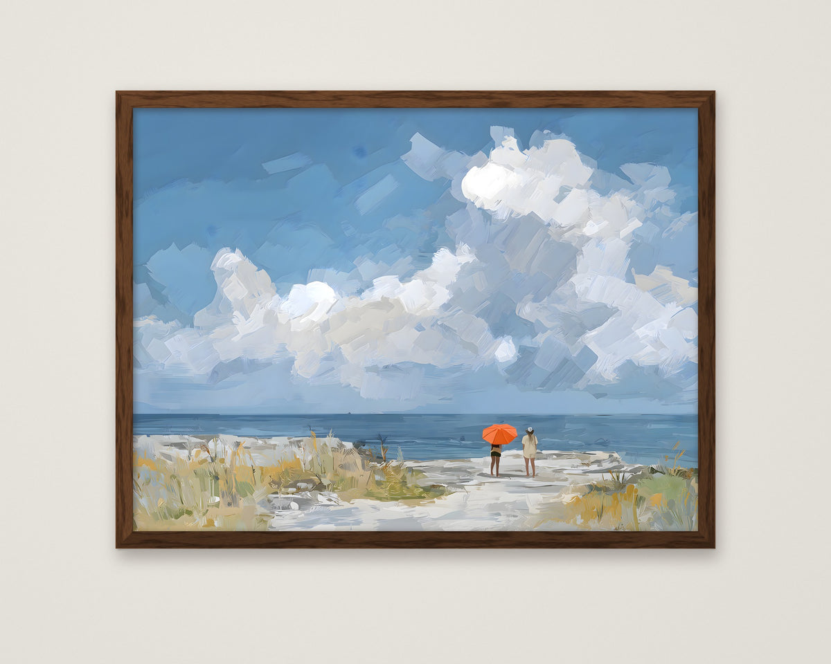 Beach Figures Ocean Painting in a dark wood frame