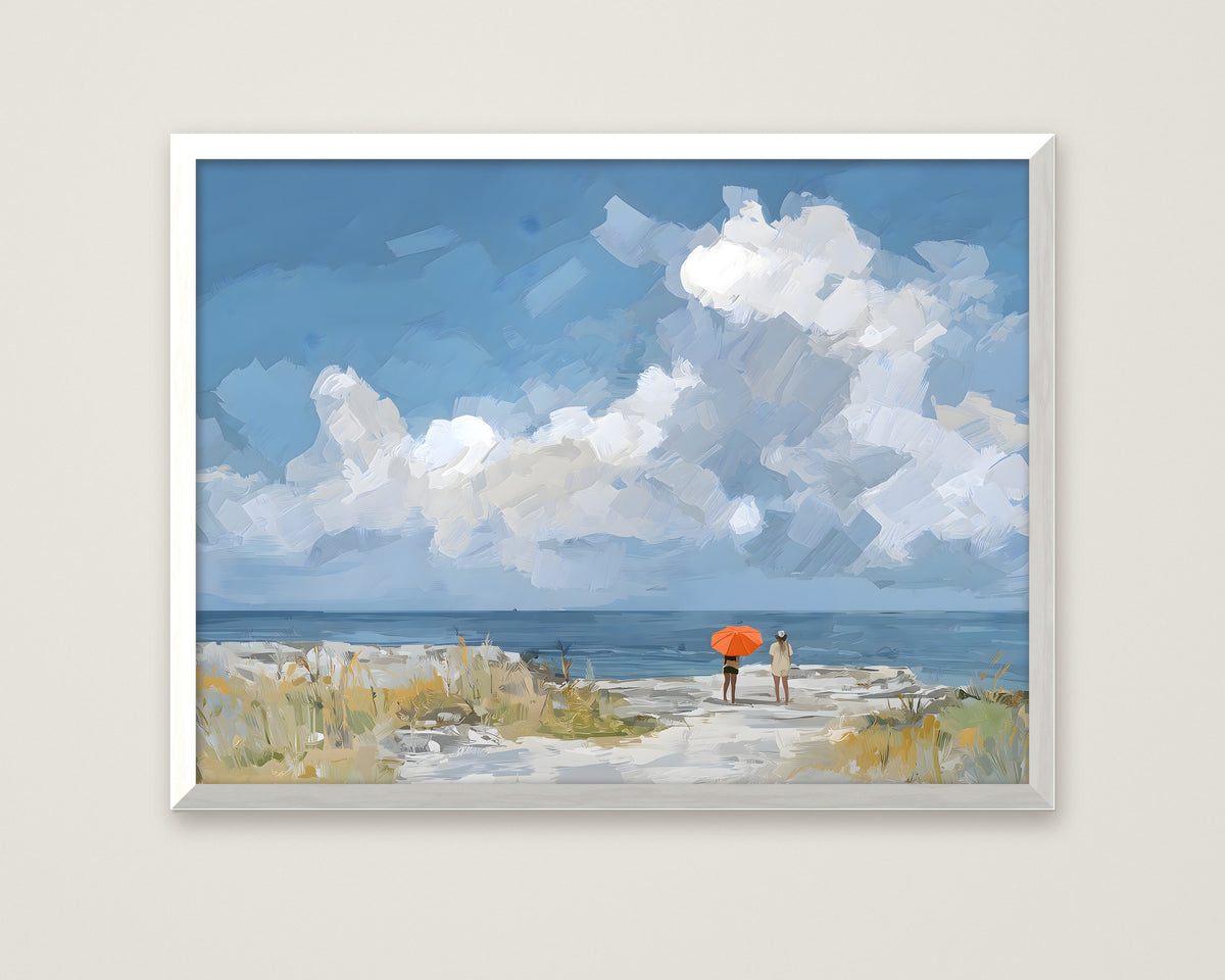 Beach Figures Ocean Painting in a white frame
