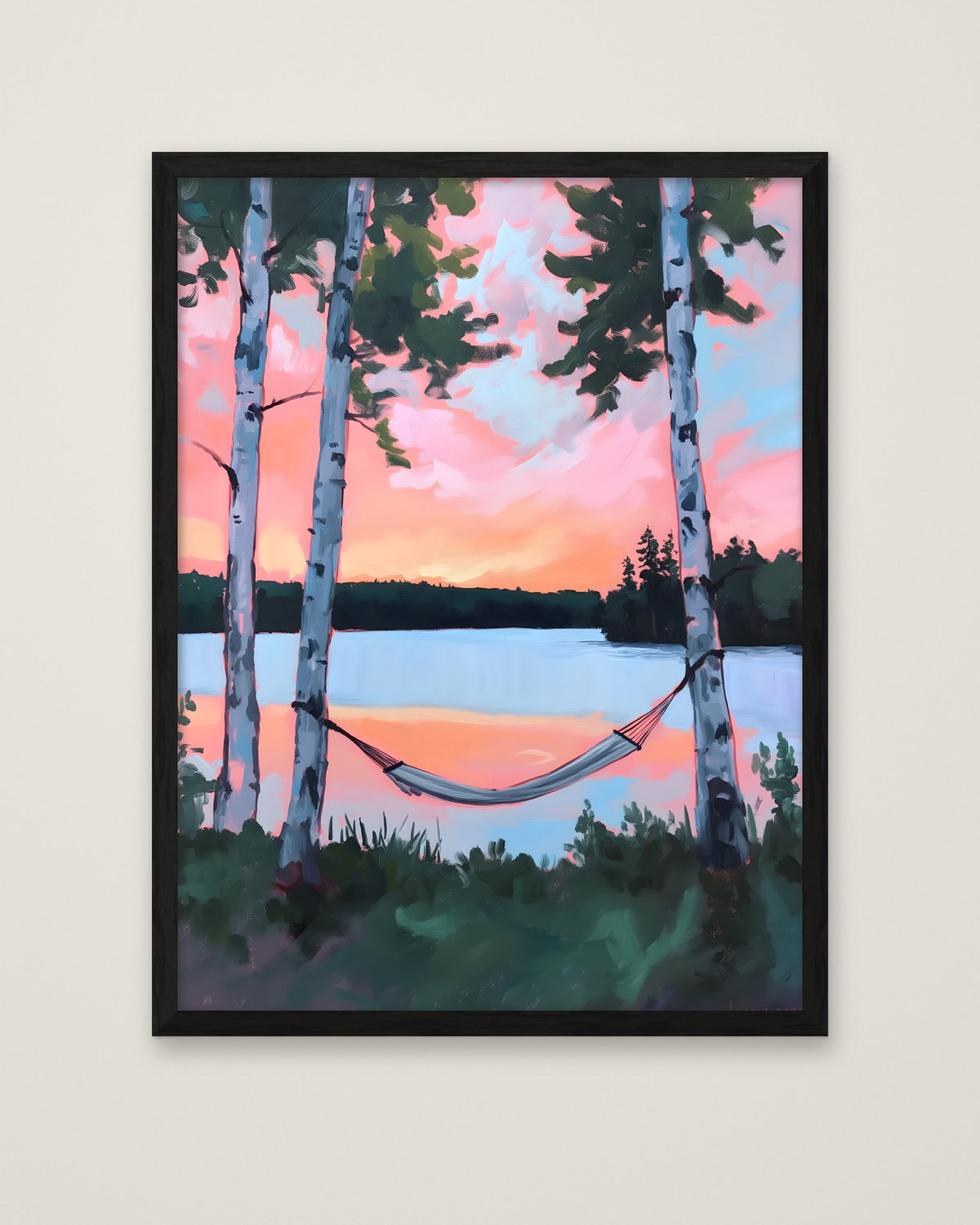 Birch Tree Hammock Lake Sunset in a black frame