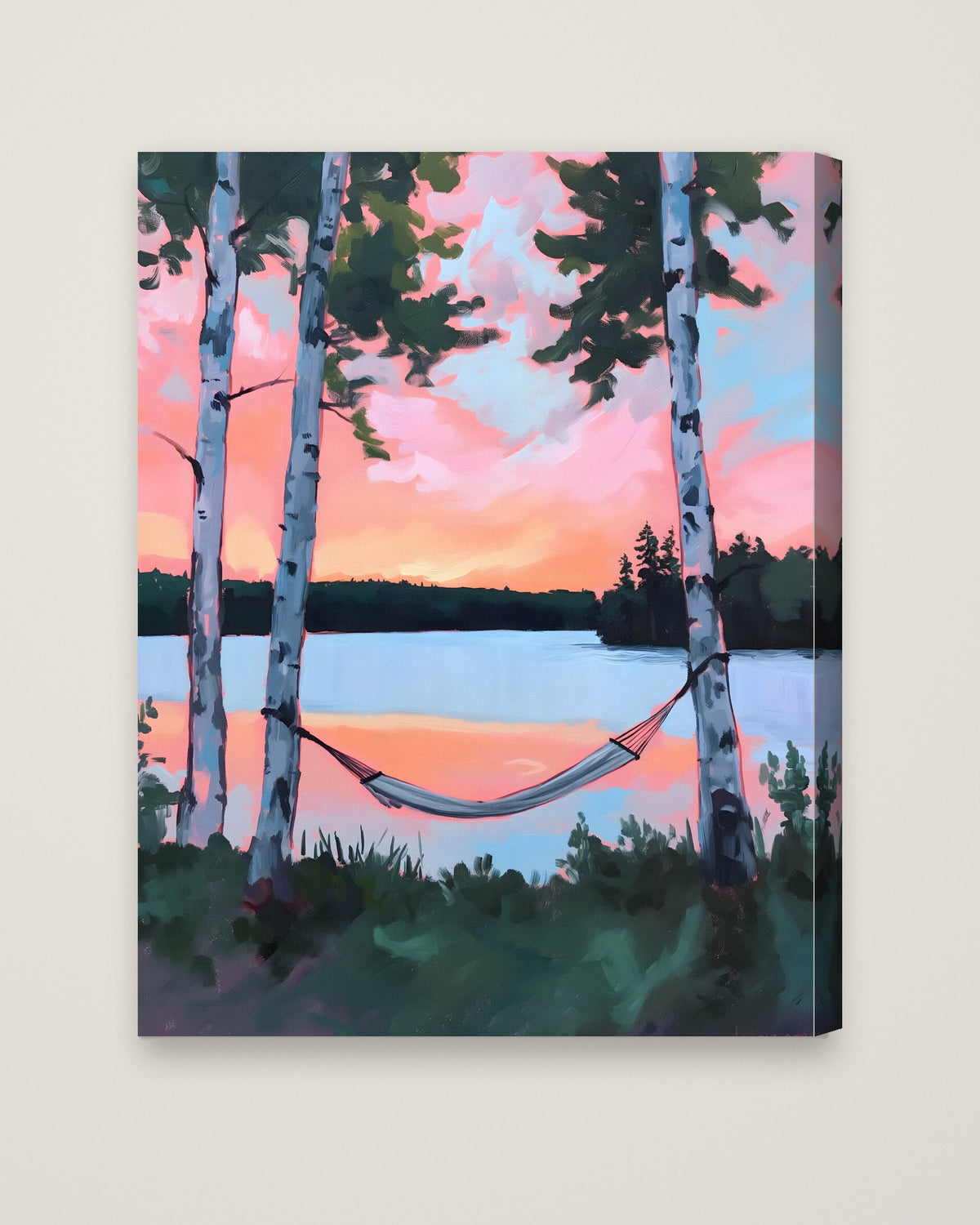 Birch Tree Hammock Lake Sunset as a stretched canvas