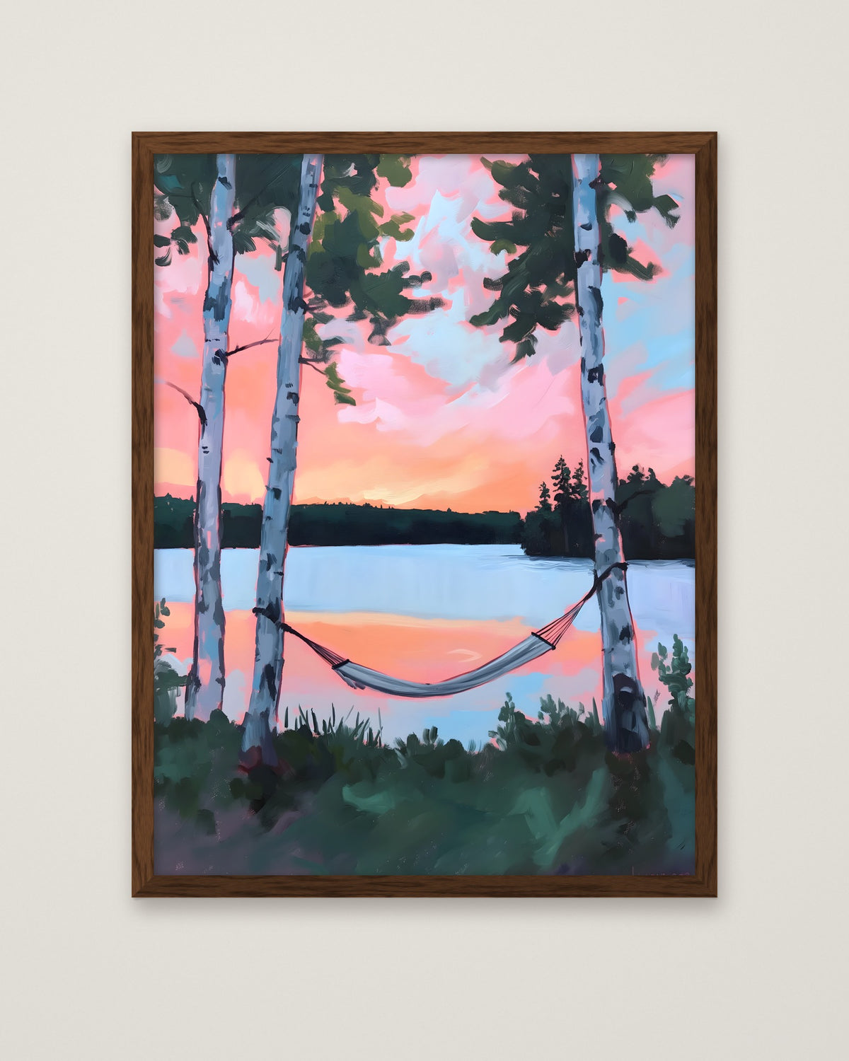 Birch Tree Hammock Lake Sunset in a dark wood frame