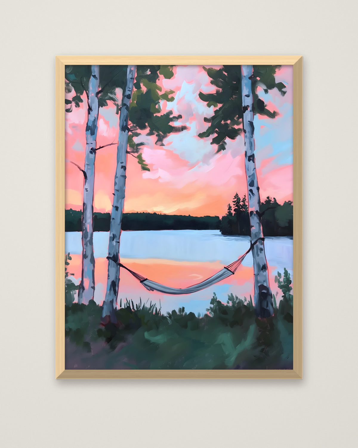 Birch Tree Hammock Lake Sunset in a natural wood frame