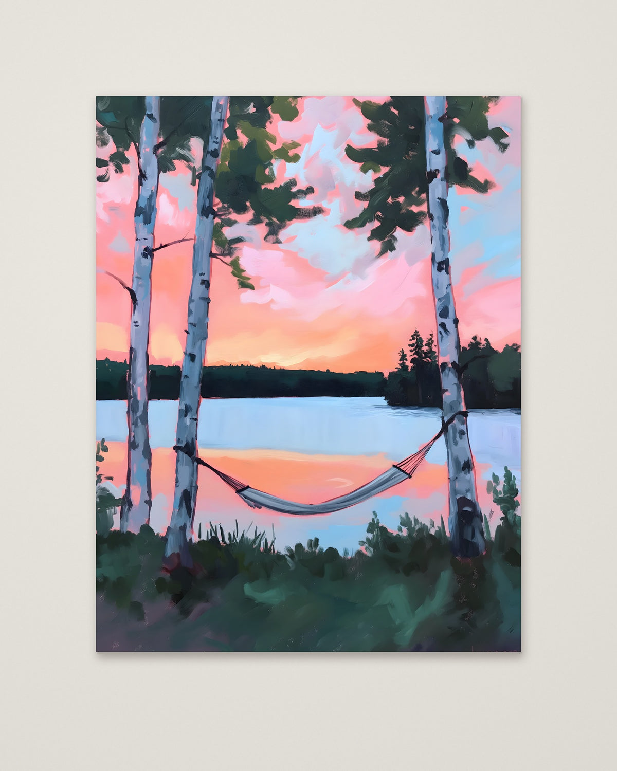 Birch Tree Hammock Lake Sunset as an unframed matte paper print