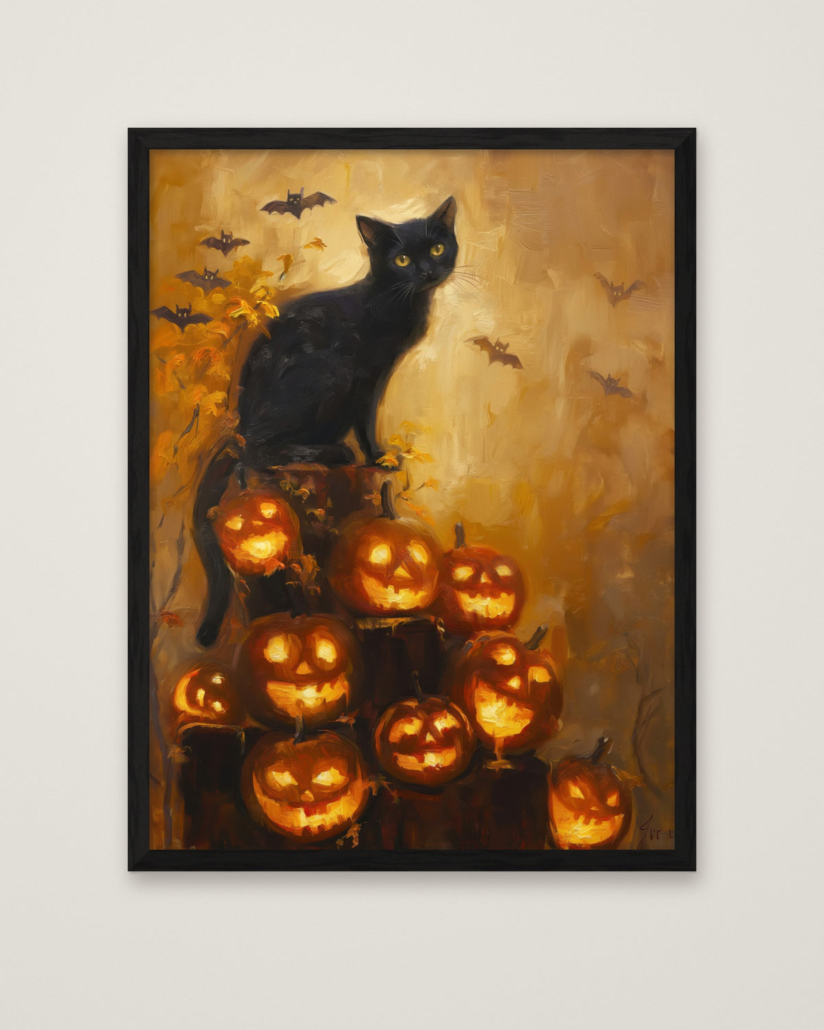 Black Cat Halloween Pumpkin Art in a black frame