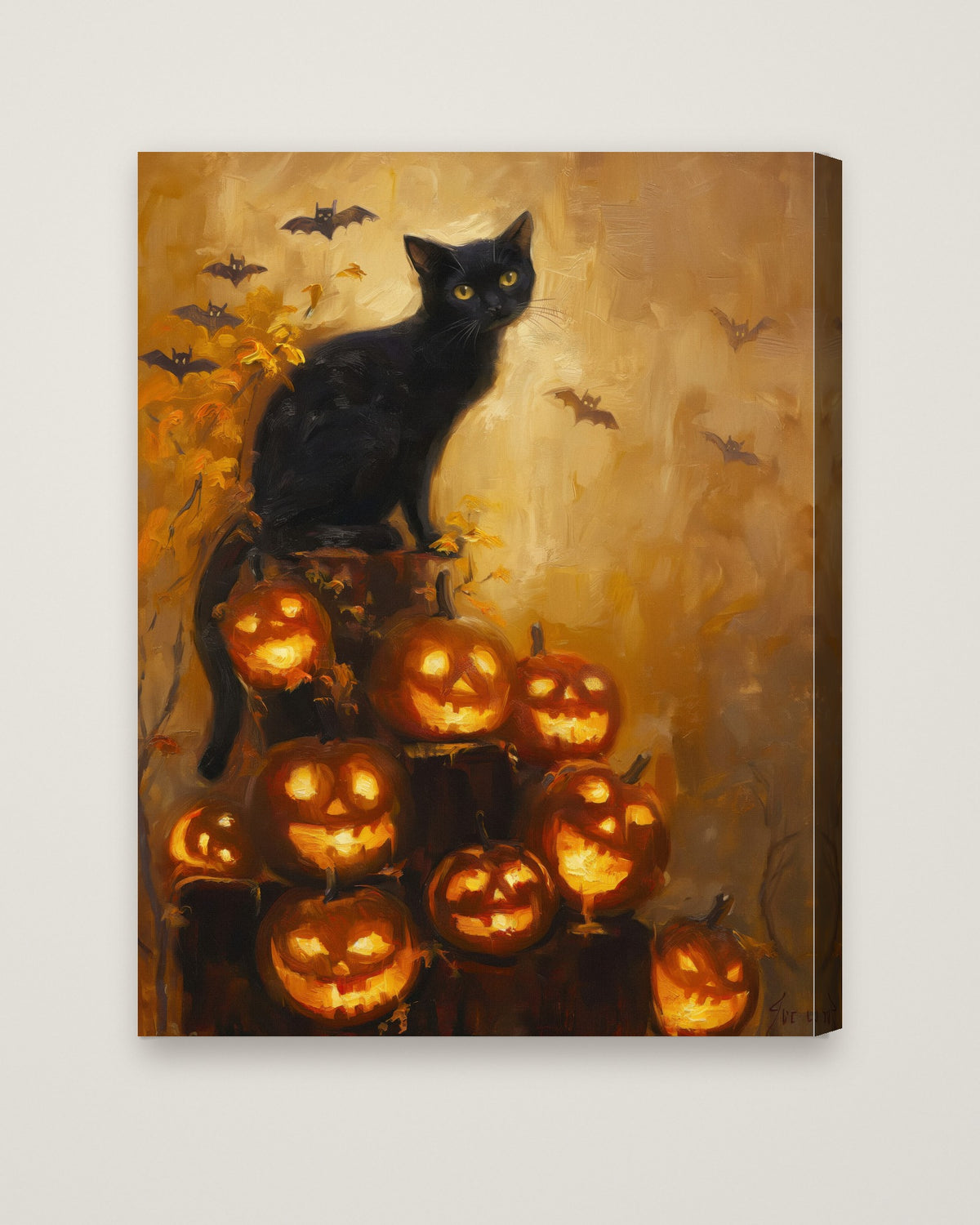 Black Cat Halloween Pumpkin Art as a stretched canvas
