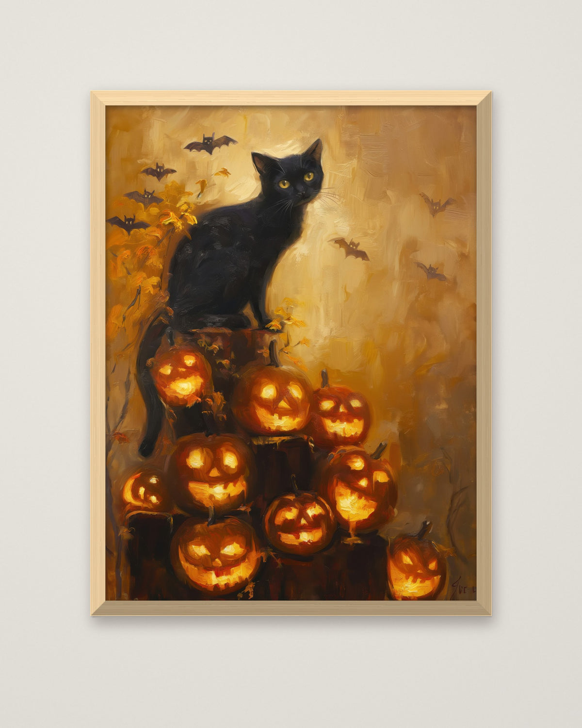 Black Cat Halloween Pumpkin Art in a natural wood frame