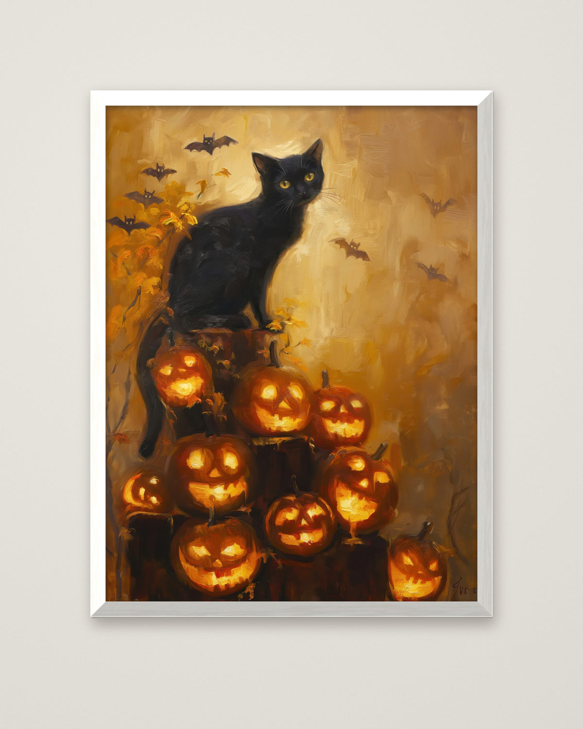 Black Cat Halloween Pumpkin Art in a white frame