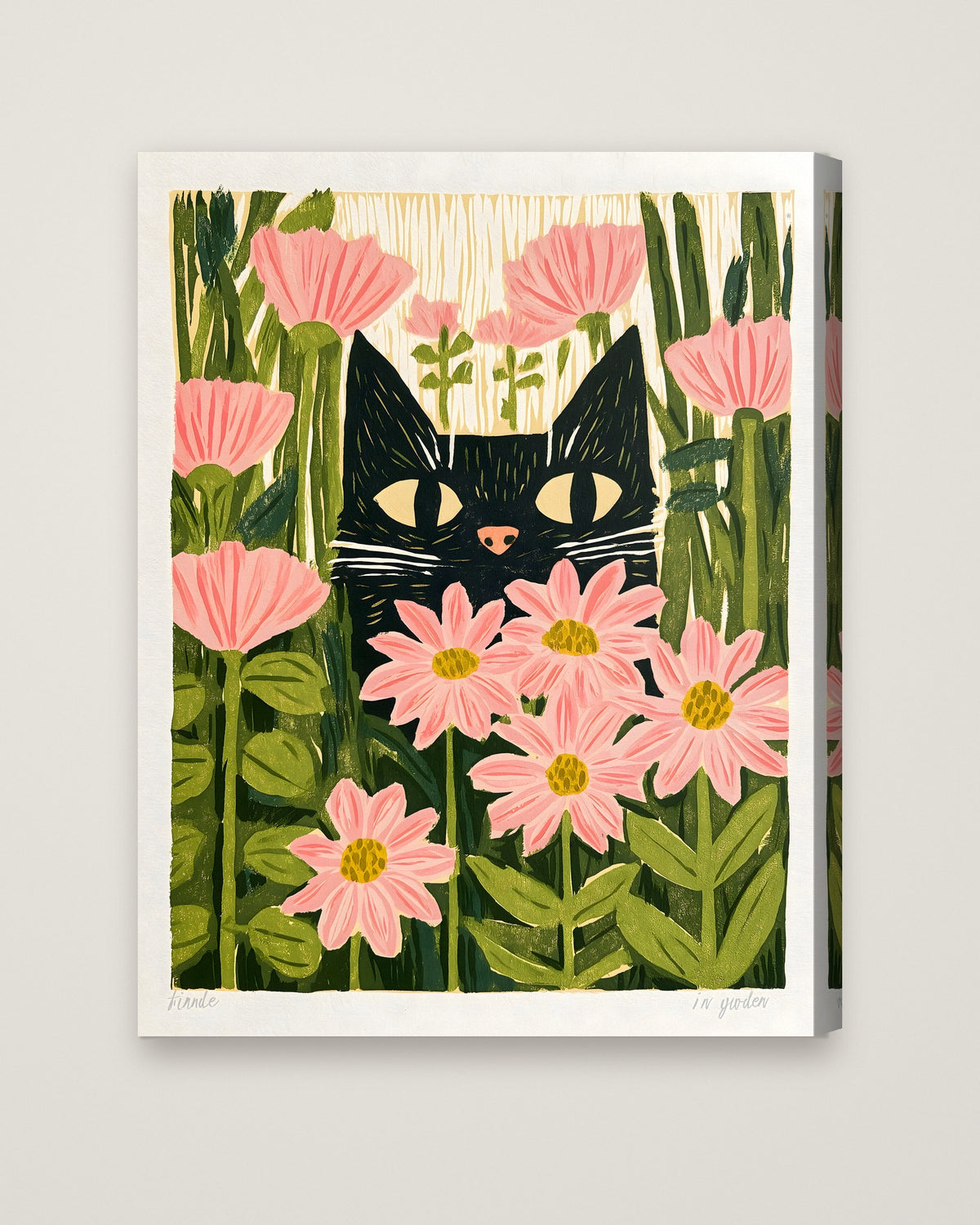 Black Cat Pink Daisy Art as a stretched canvas