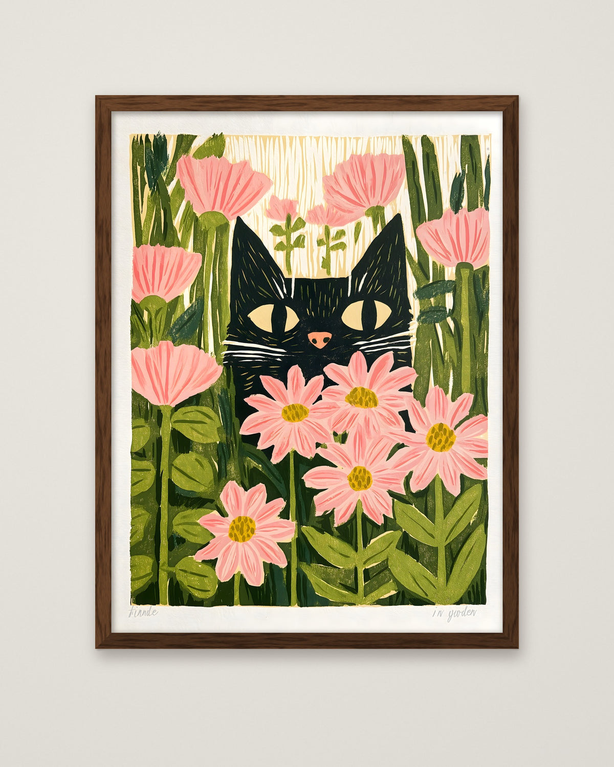 Black Cat Pink Daisy Art in a dark wood frame