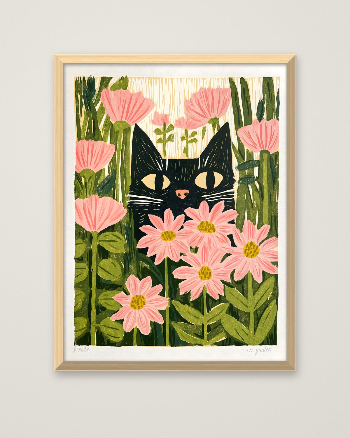 Black Cat Pink Daisy Art in a natural wood frame