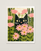 Black Cat Pink Daisy Art as an unframed matte paper print