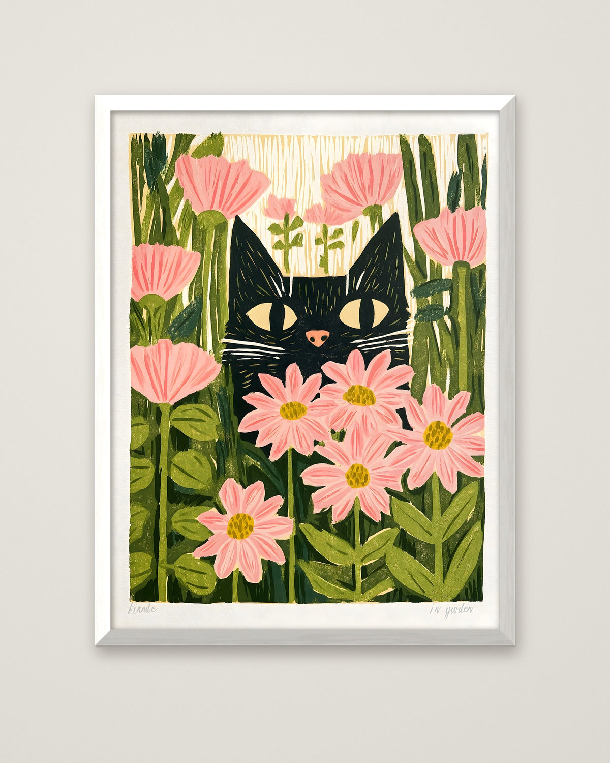 Black Cat Pink Daisy Art in a white frame