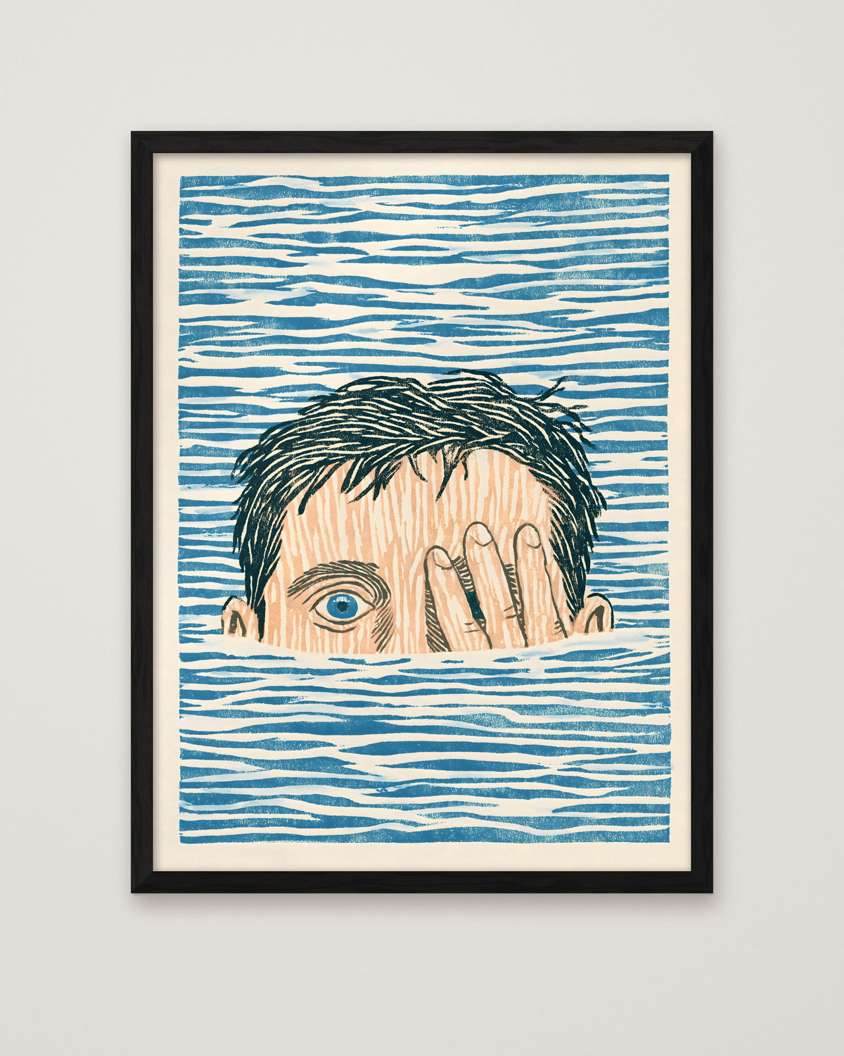 Block Print Swimmer Emerging Water in a black frame