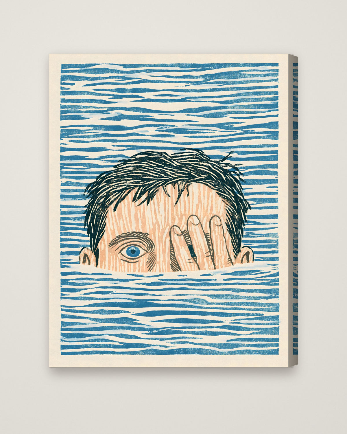 Block Print Swimmer Emerging Water as a stretched canvas