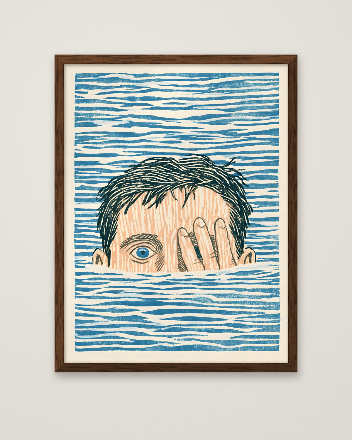Block Print Swimmer Emerging Water in a dark wood frame