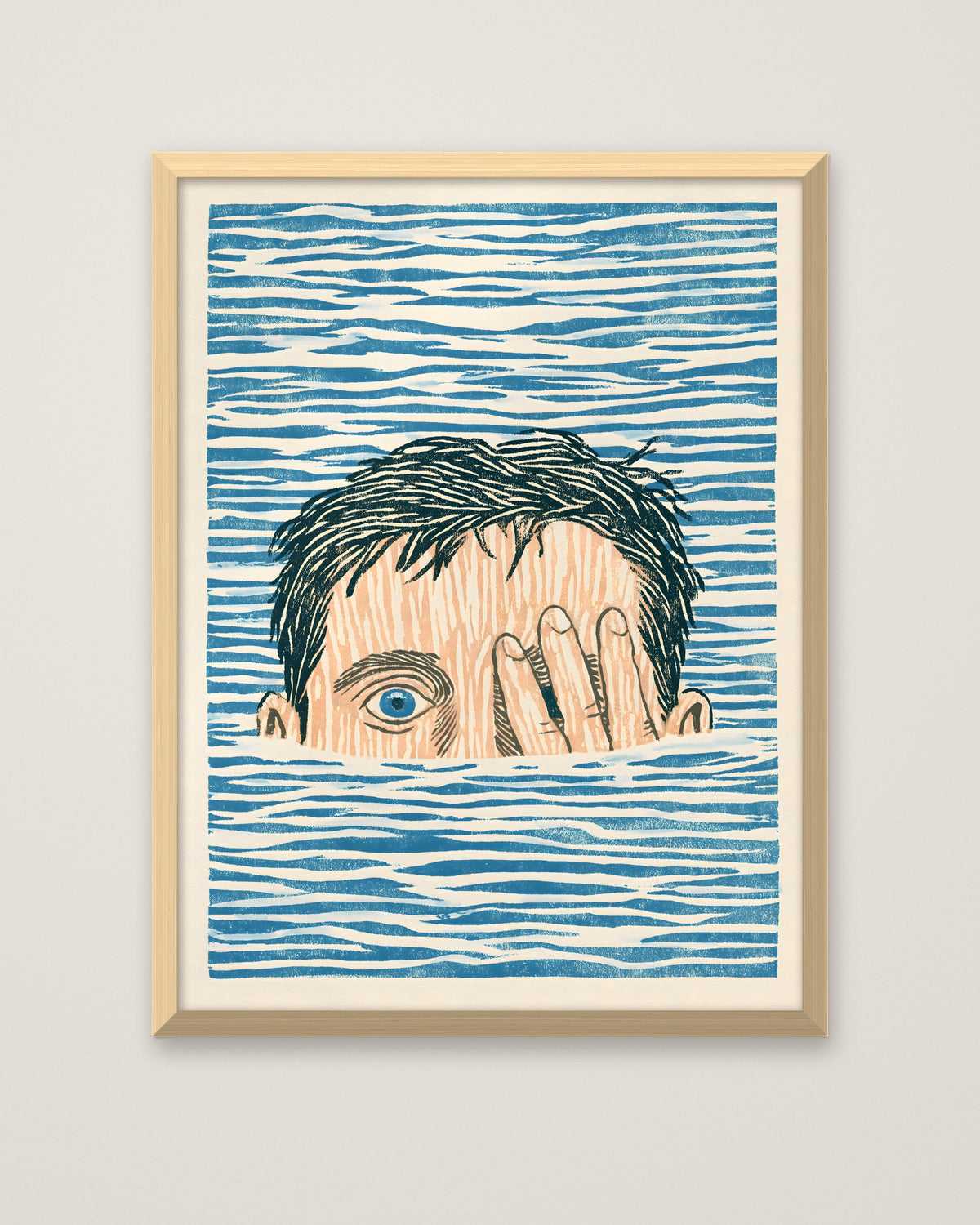 Block Print Swimmer Emerging Water in a natural wood frame