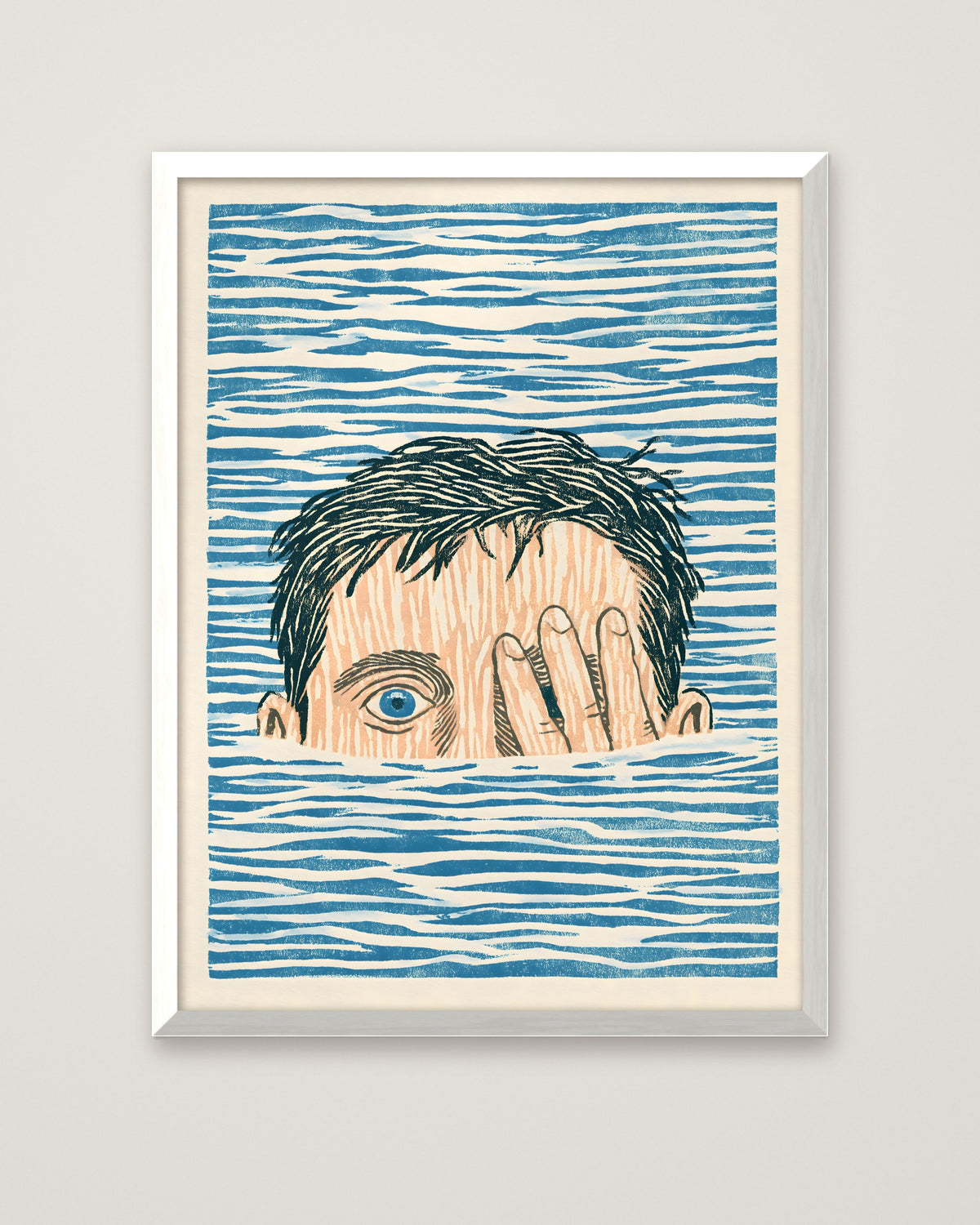 Block Print Swimmer Emerging Water in a white frame