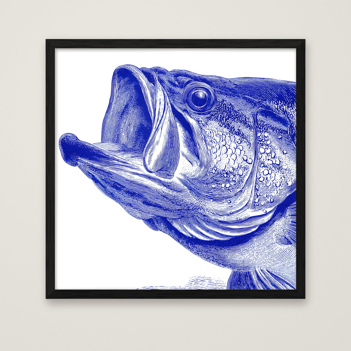 Blue Bass Fish Engraving Art in a black frame