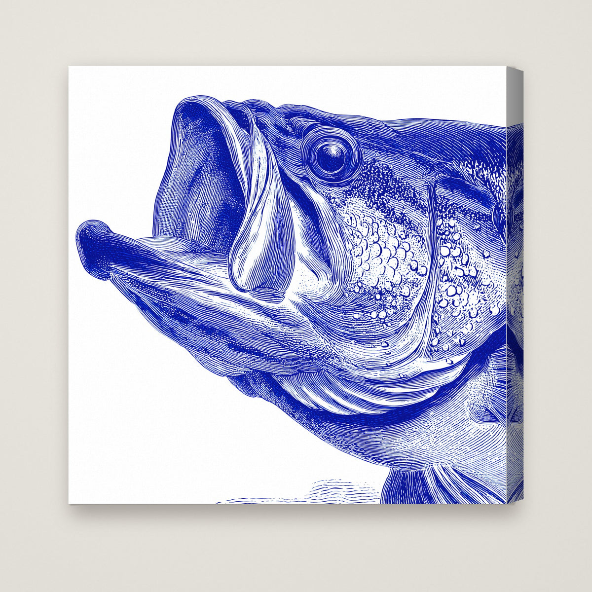 Blue Bass Fish Engraving Art as a stretched canvas