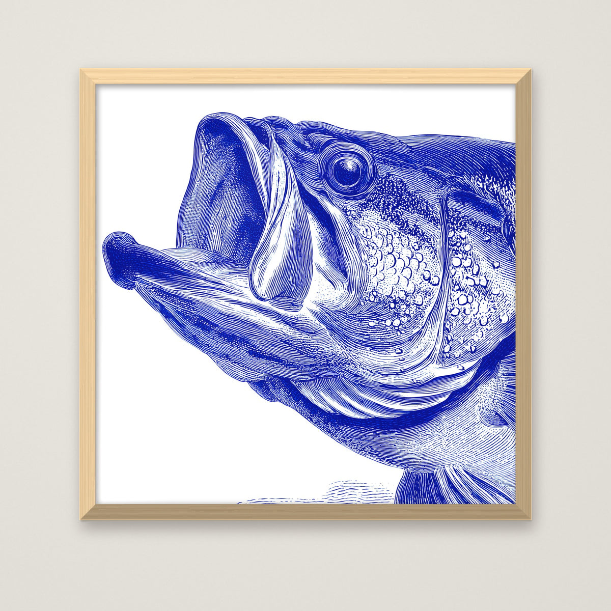 Blue Bass Fish Engraving Art in a natural wood frame