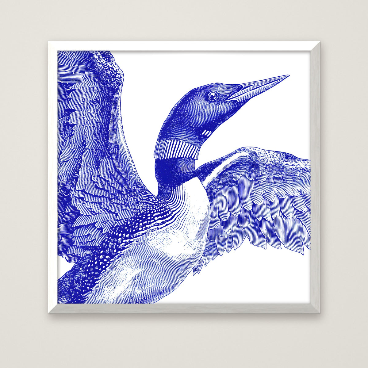 Blue Loon Bird Etching Art in a white frame
