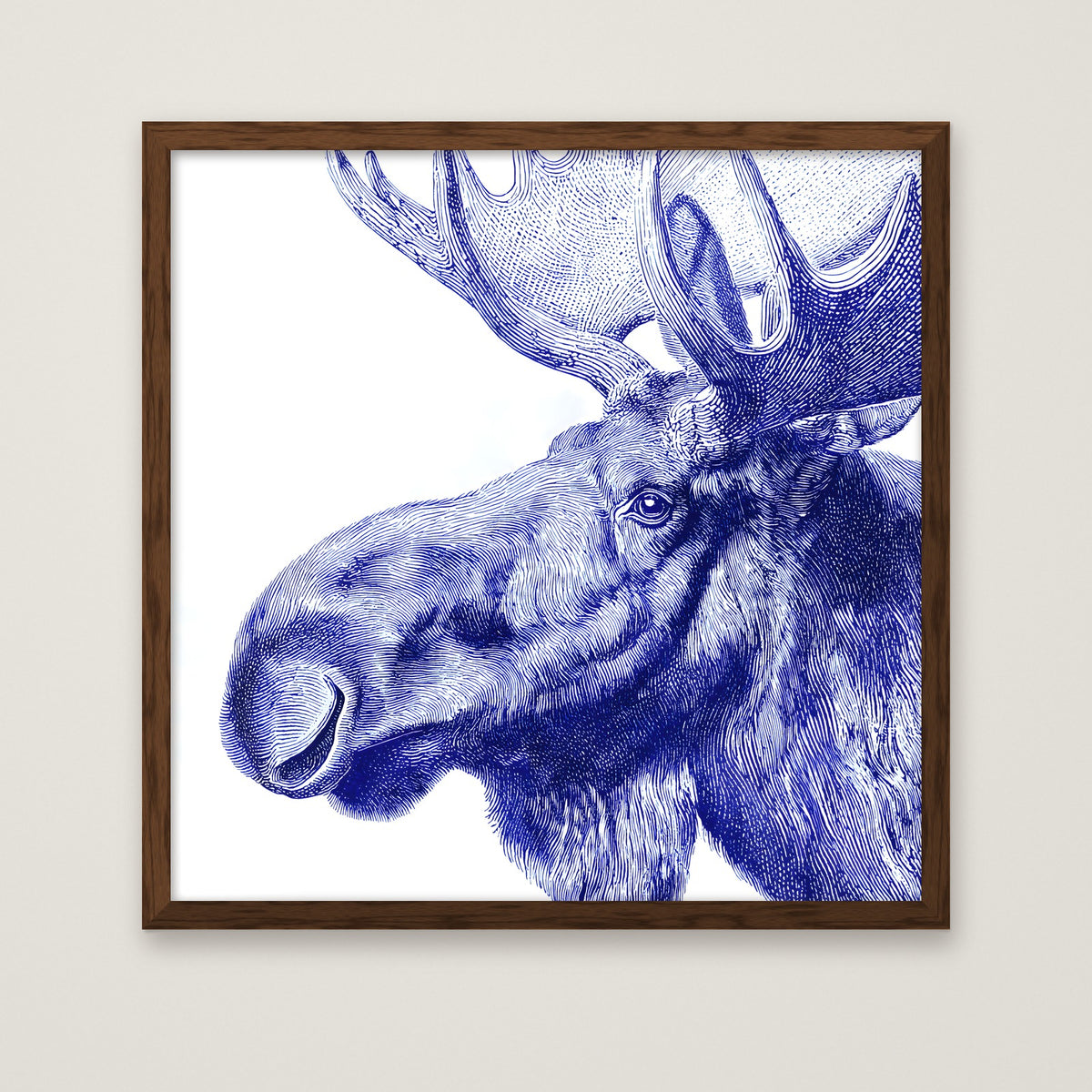 Blue Moose Engraving Art in a dark wood frame