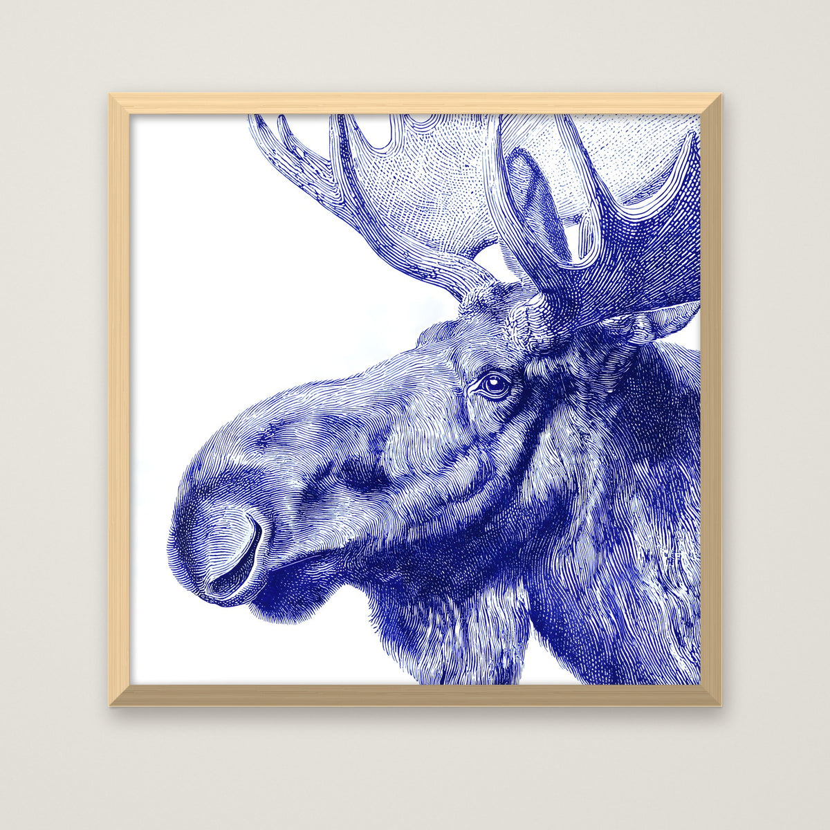 Blue Moose Engraving Art in a natural wood frame