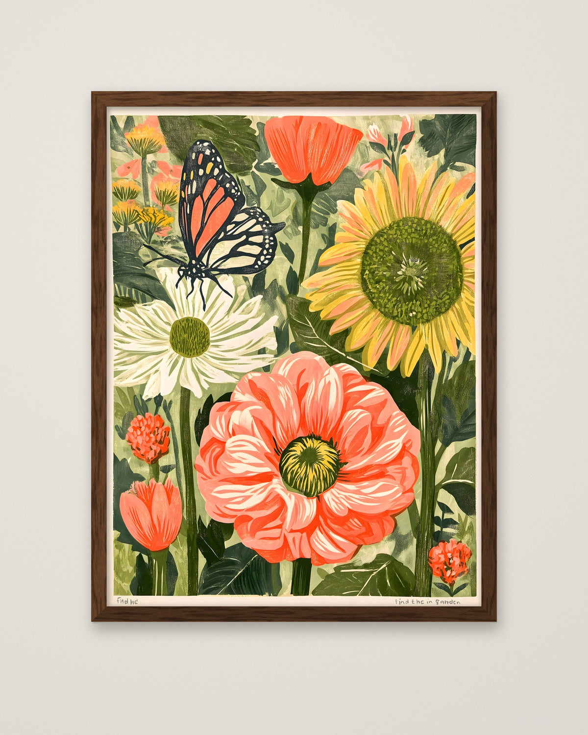 Botanical Butterfly Garden Art in a dark wood frame