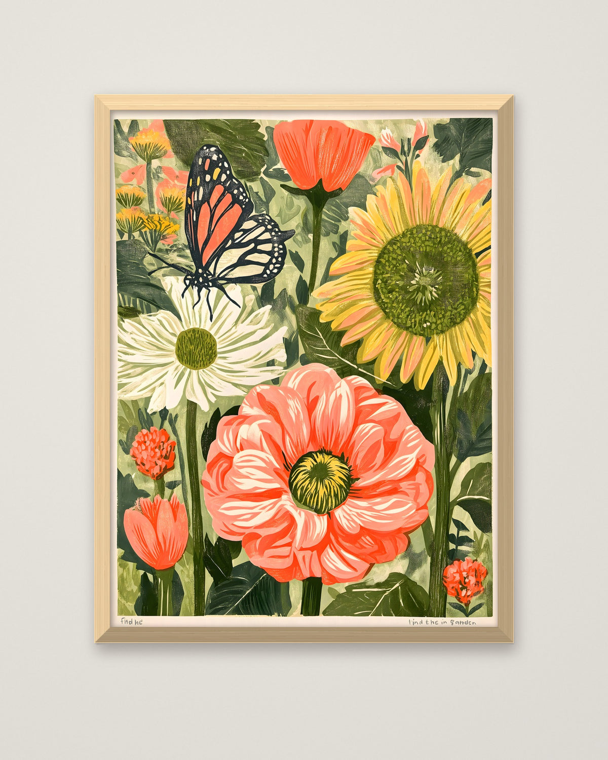Botanical Butterfly Garden Art in a natural wood frame