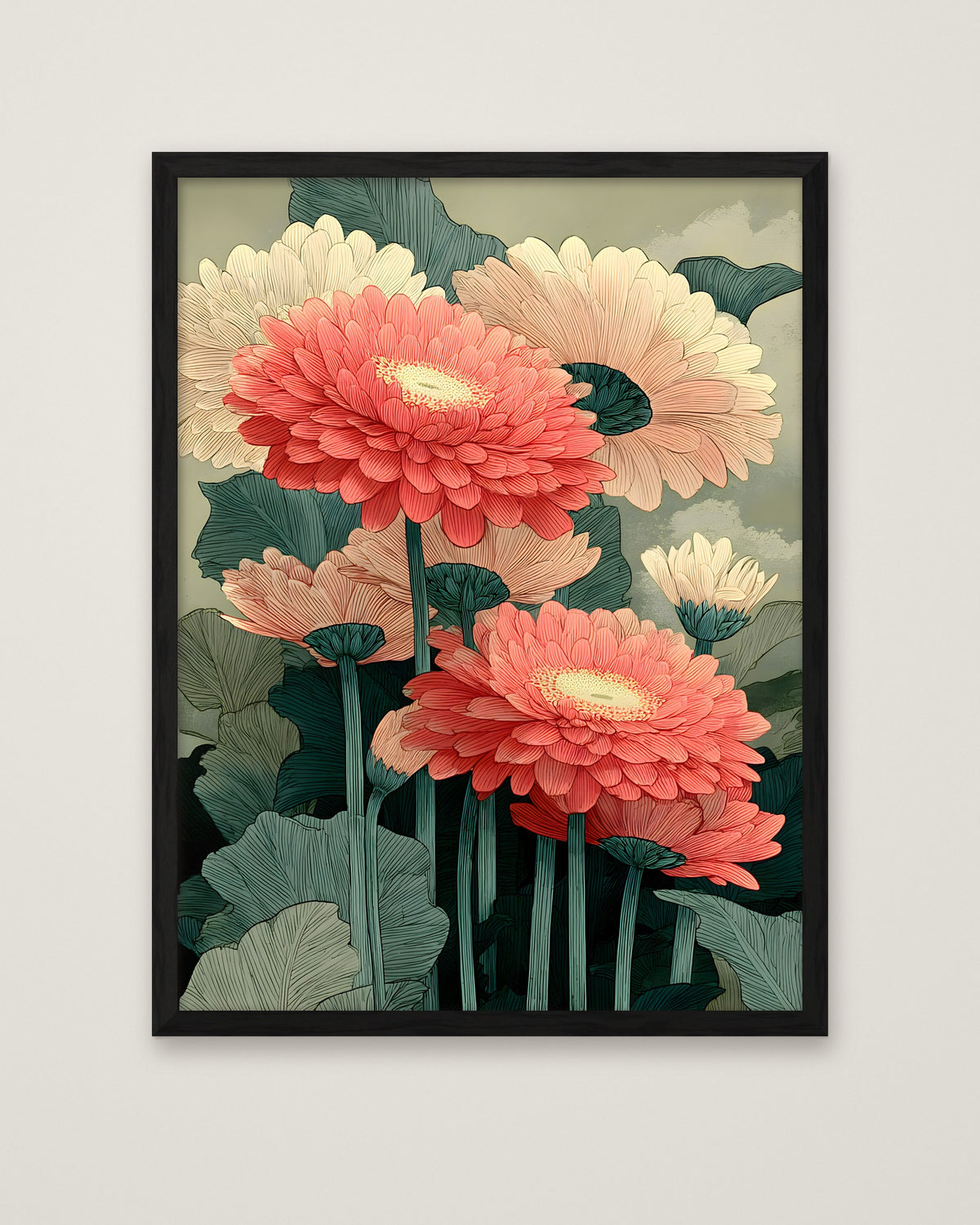 Botanical Gerbera Daisy Art in a black frame