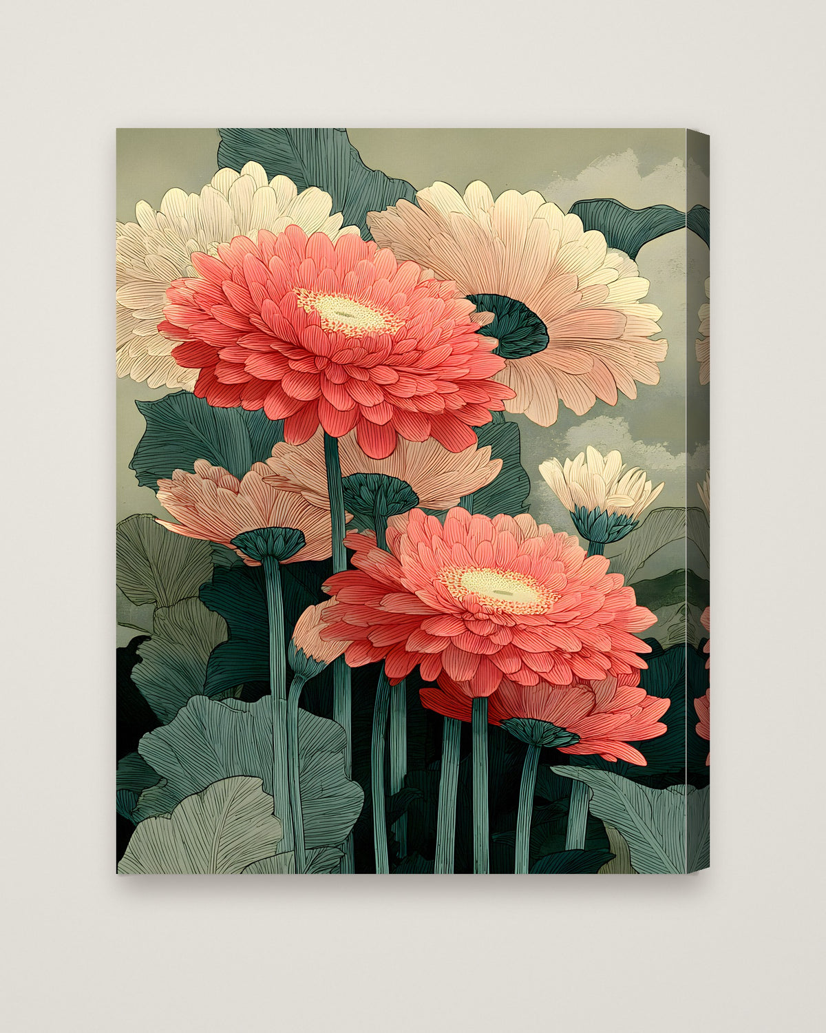 Botanical Gerbera Daisy Art as a stretched canvas