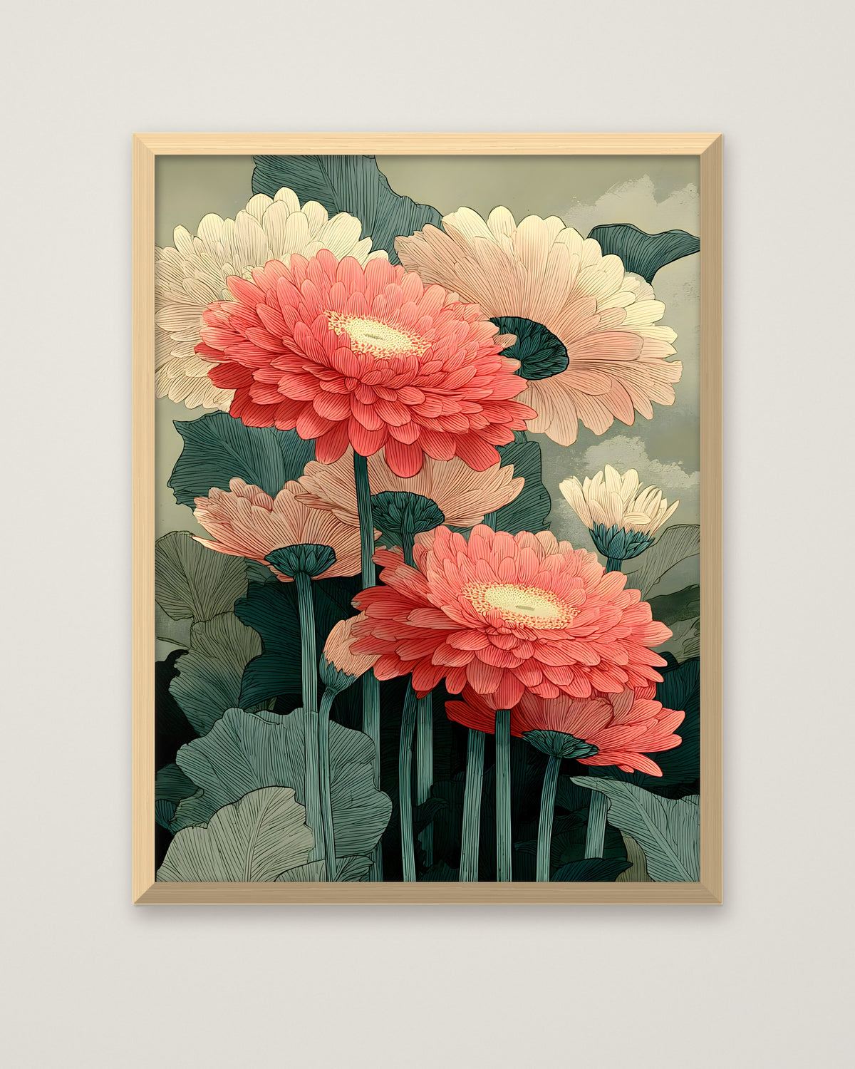 Botanical Gerbera Daisy Art in a natural wood frame