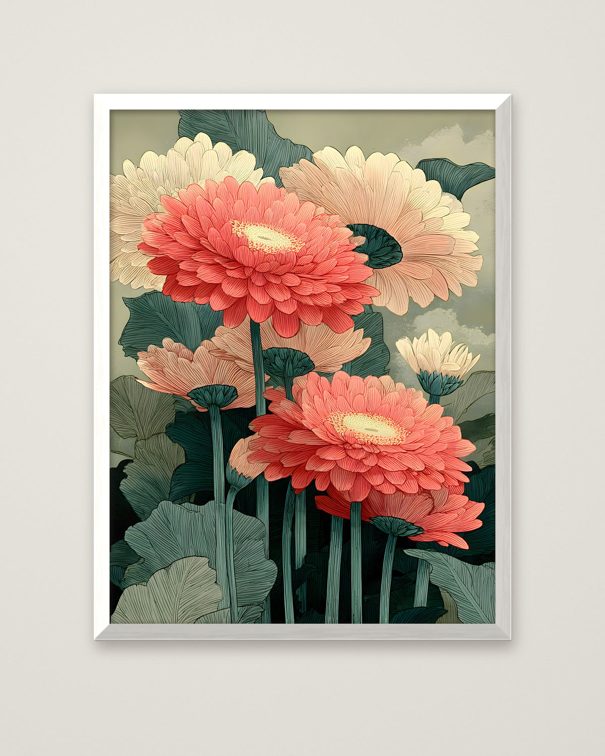 Botanical Gerbera Daisy Art in a white frame