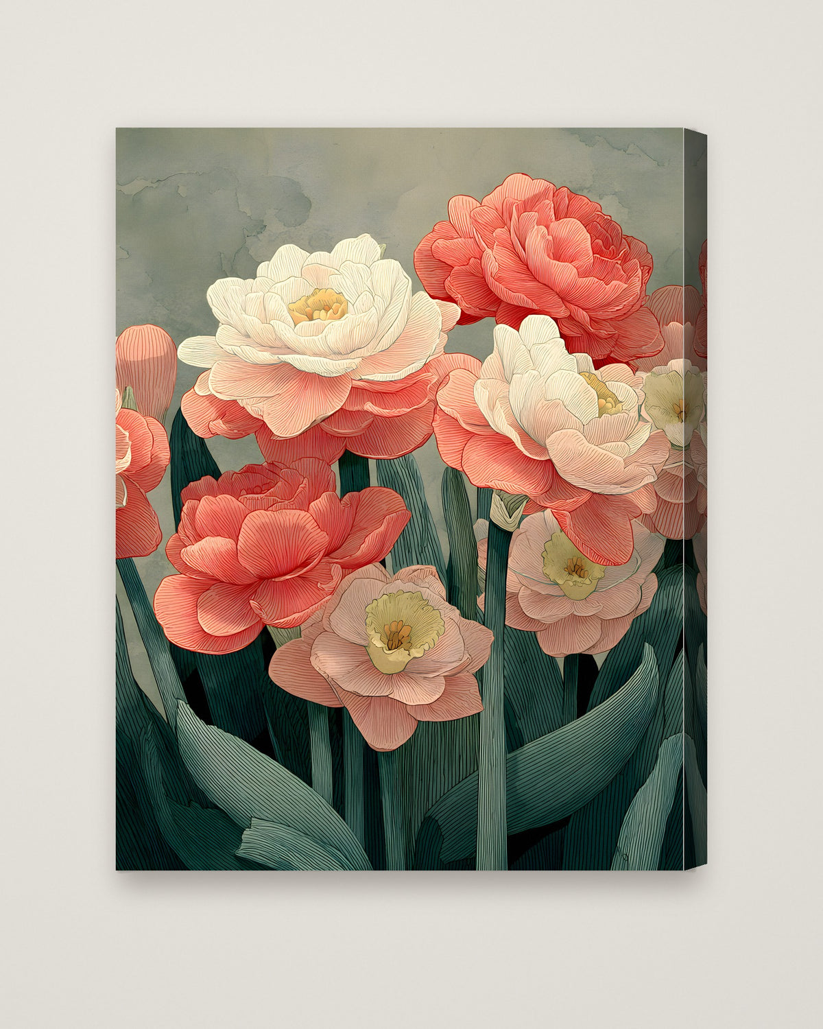 Botanical Peony Tulip Floral Art as a stretched canvas