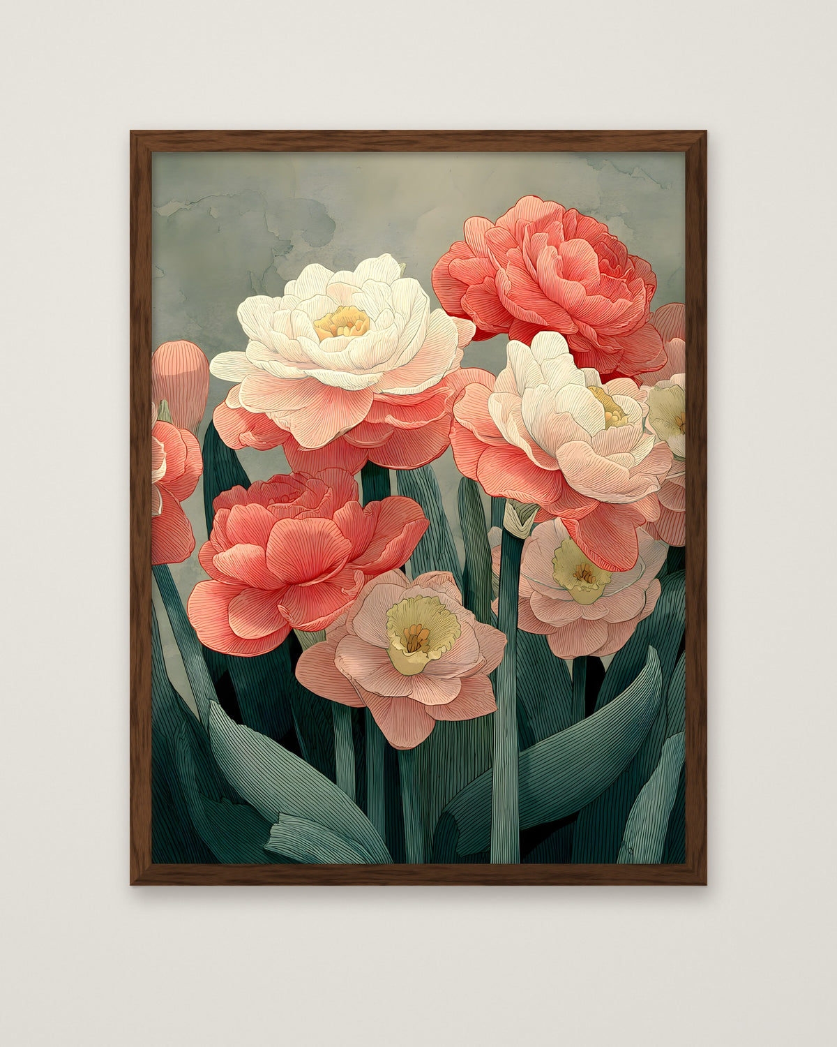 Botanical Peony Tulip Floral Art in a dark wood frame