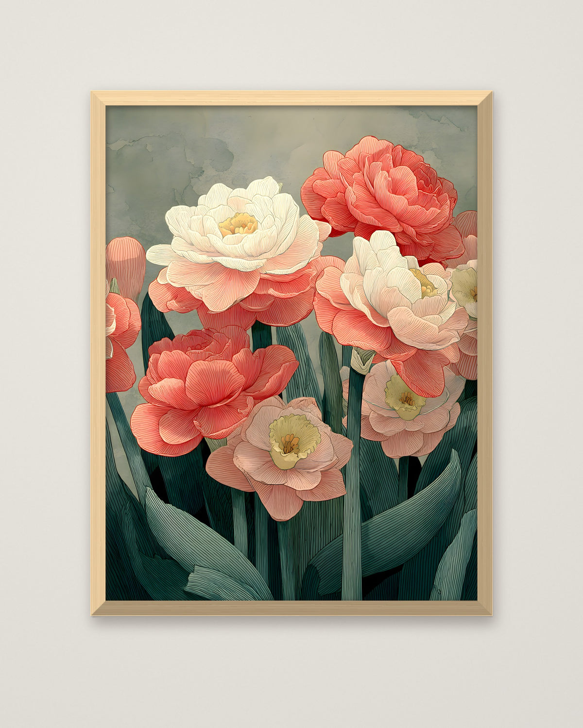 Botanical Peony Tulip Floral Art in a natural wood frame
