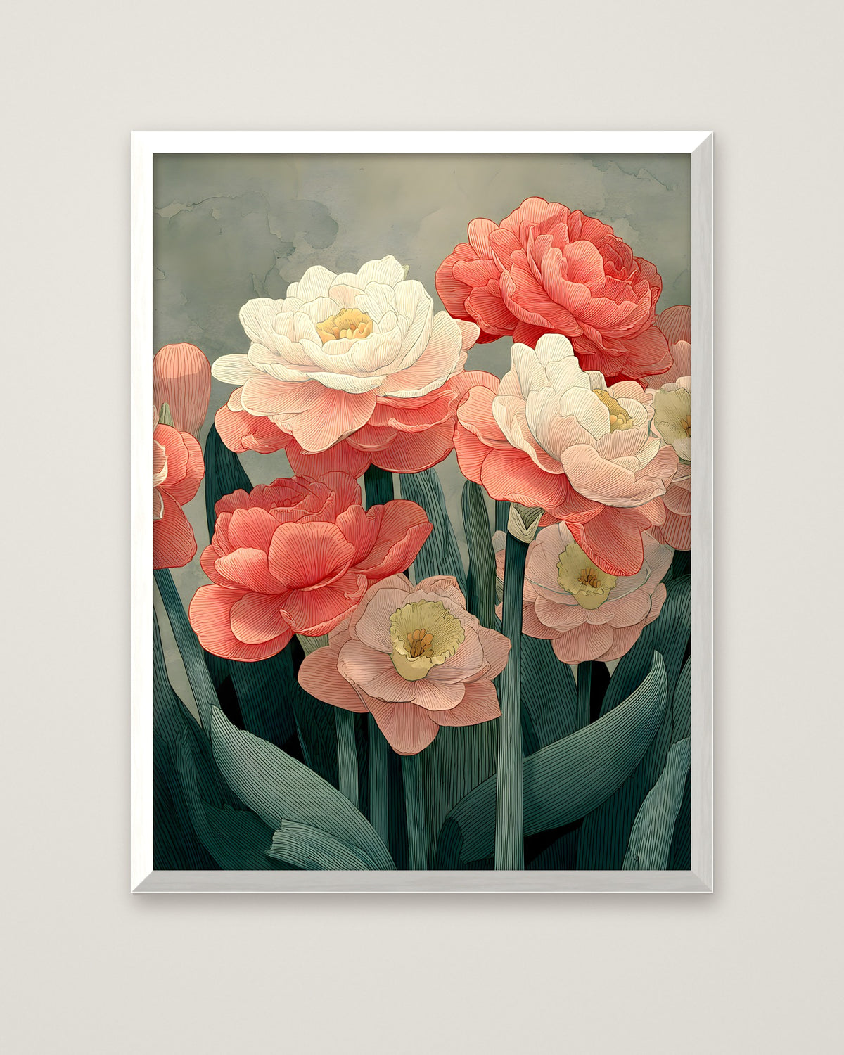 Botanical Peony Tulip Floral Art in a white frame