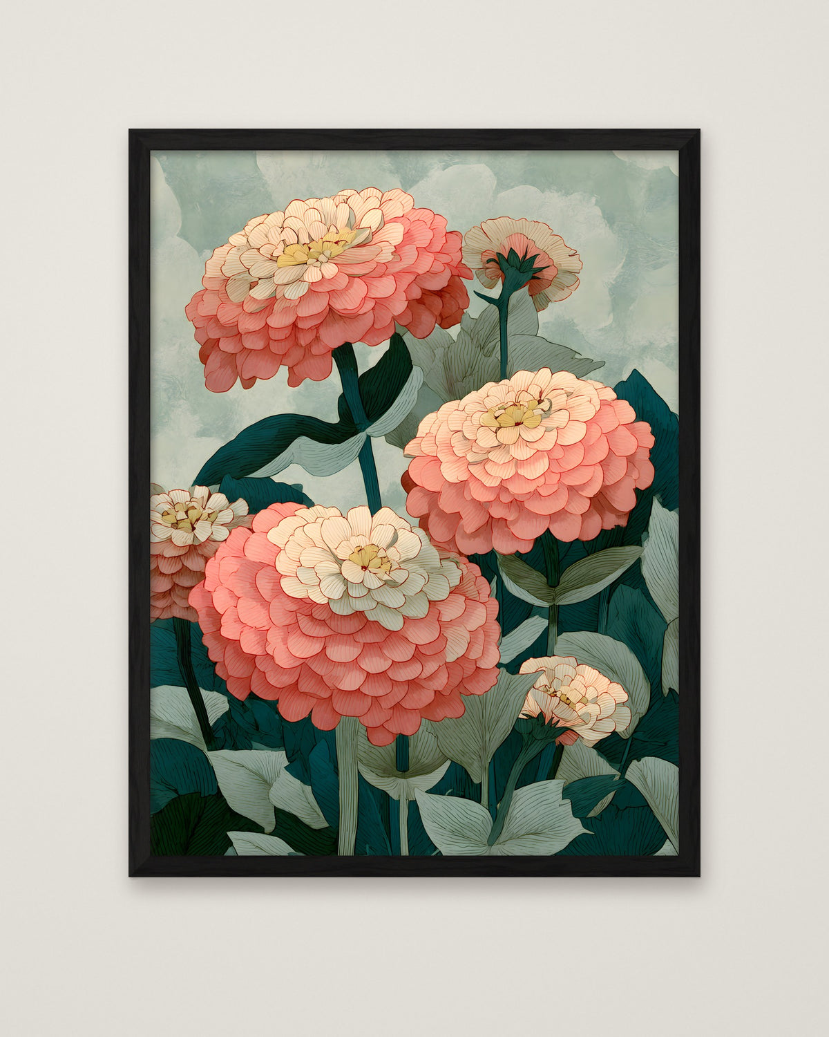 Botanical Zinnia Flower Art in a black frame