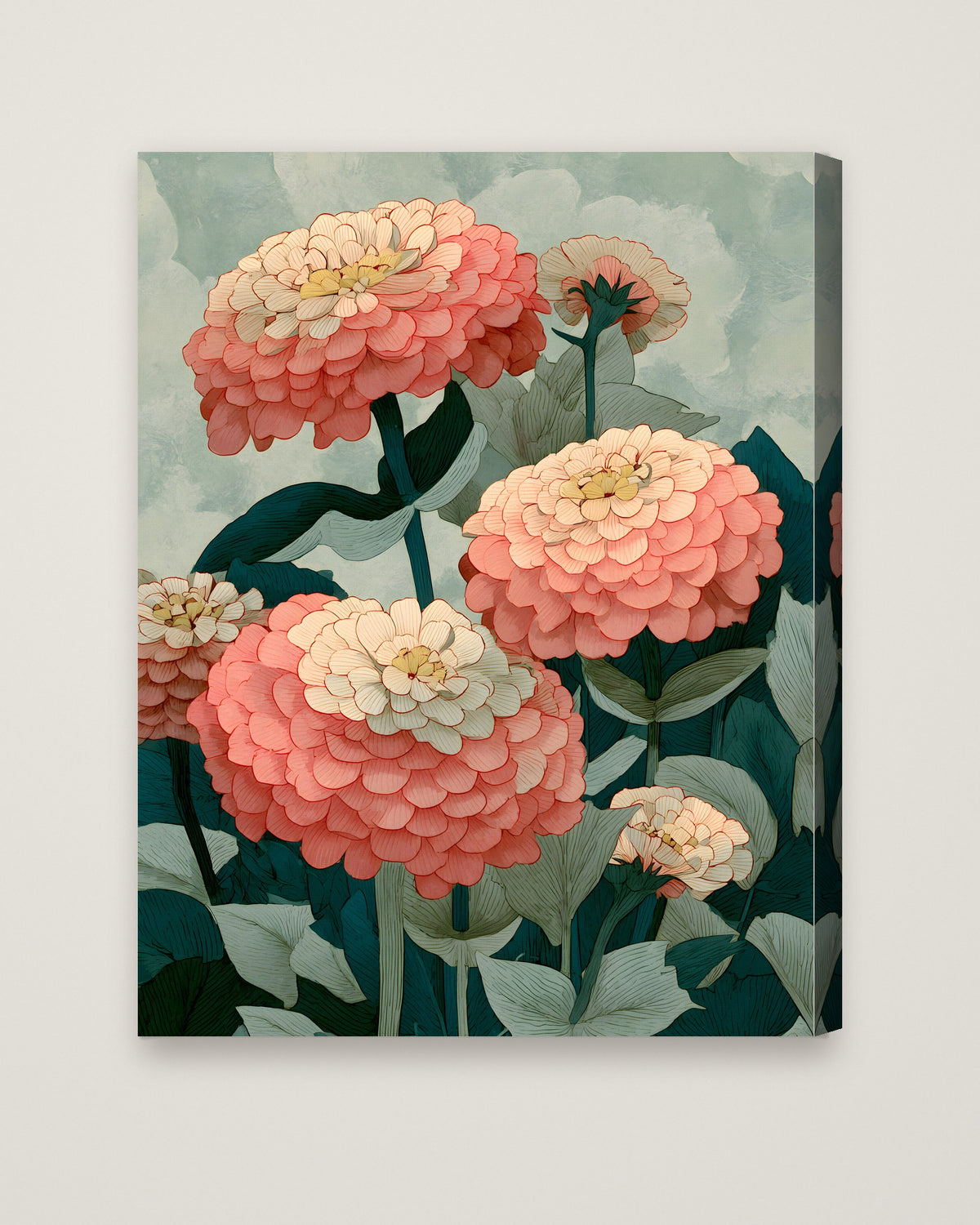 Botanical Zinnia Flower Art as a stretched canvas