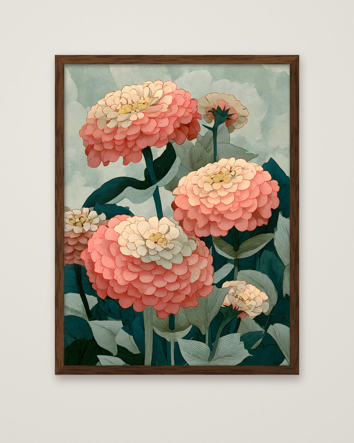 Botanical Zinnia Flower Art in a dark wood frame