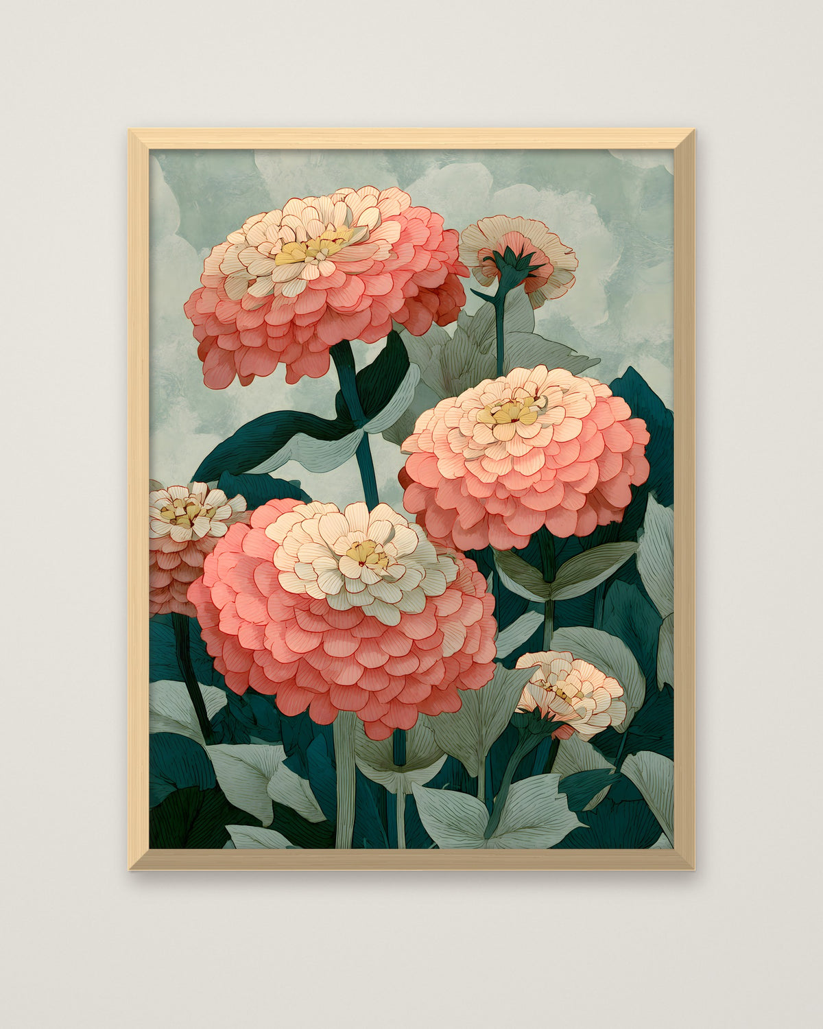 Botanical Zinnia Flower Art in a natural wood frame