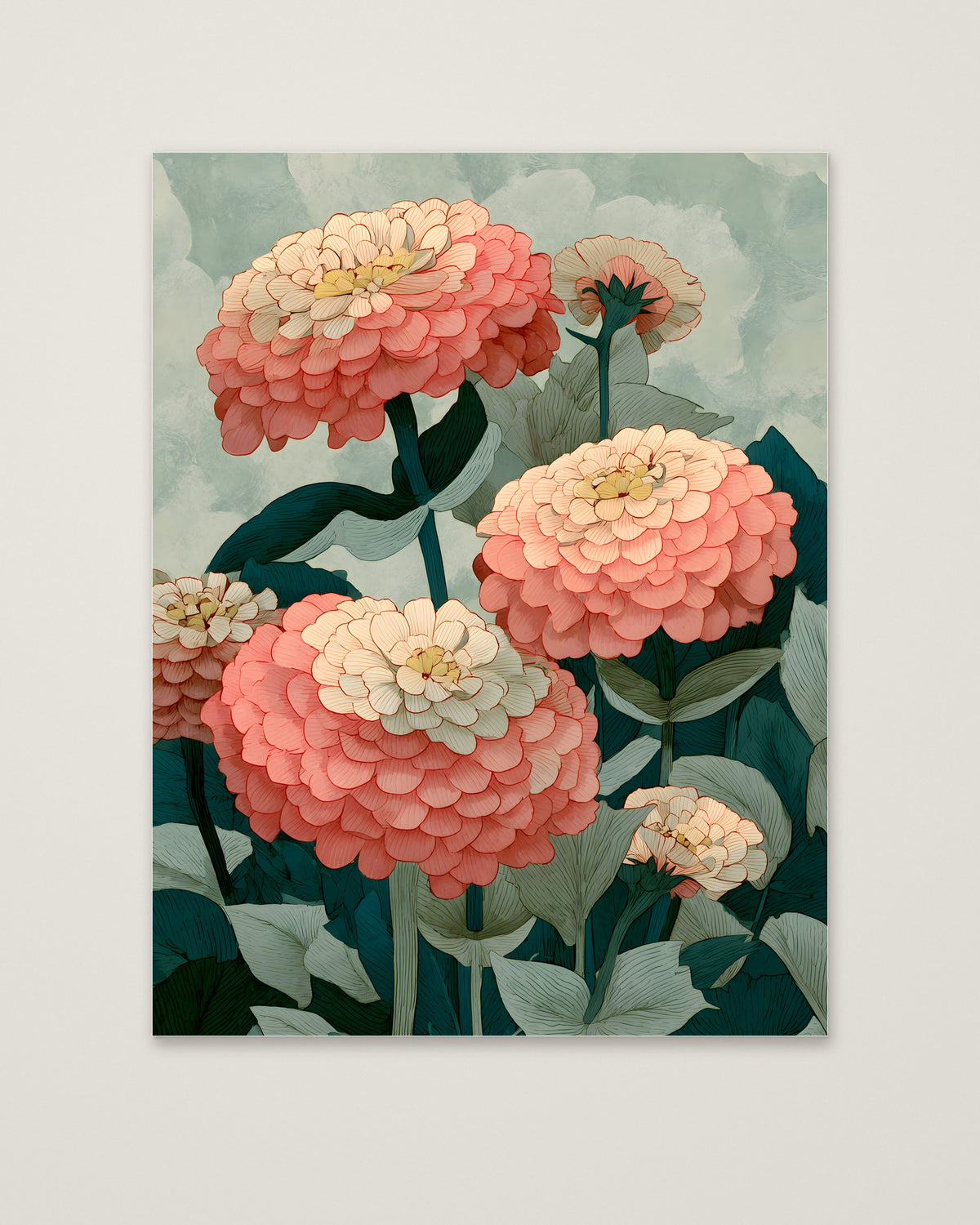 Botanical Zinnia Flower Art as an unframed matte paper print
