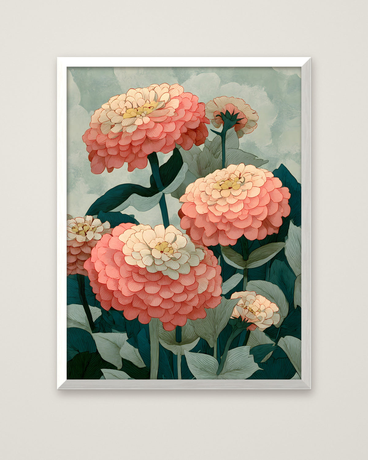 Botanical Zinnia Flower Art in a white frame