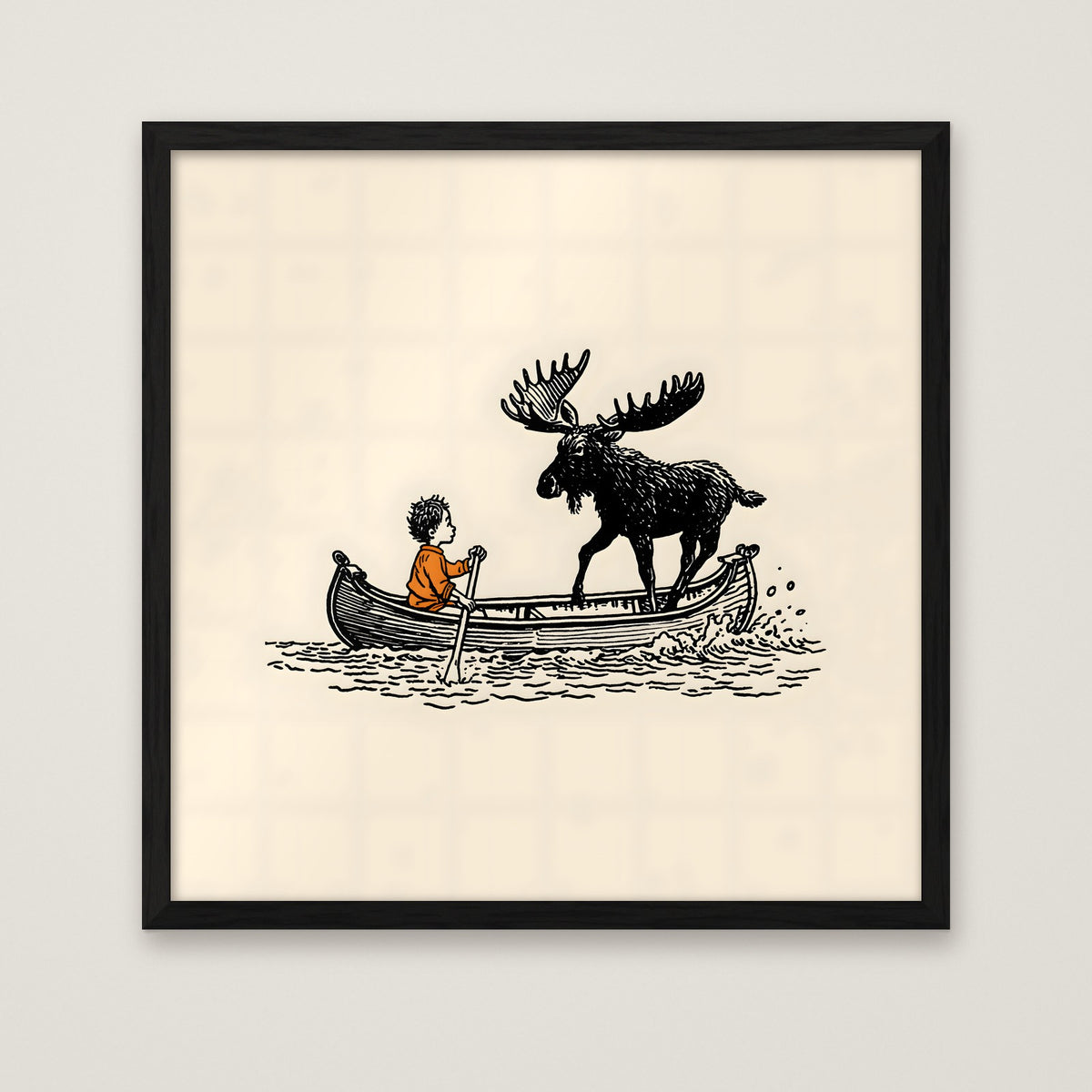 Boy and Moose Canoe Art in a black frame