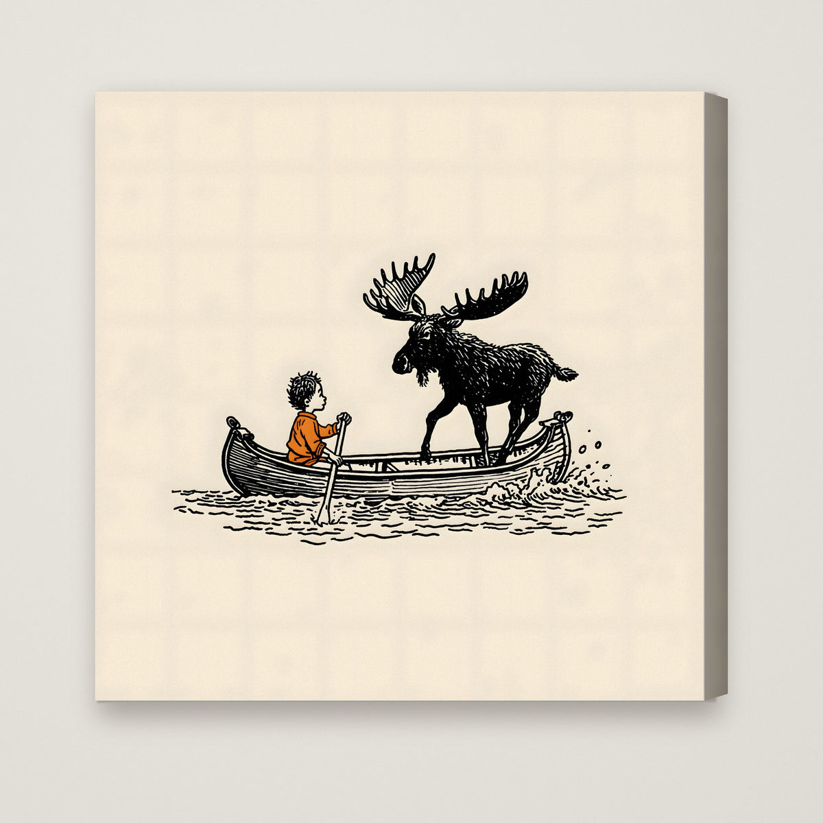 Boy and Moose Canoe Art as a stretched canvas