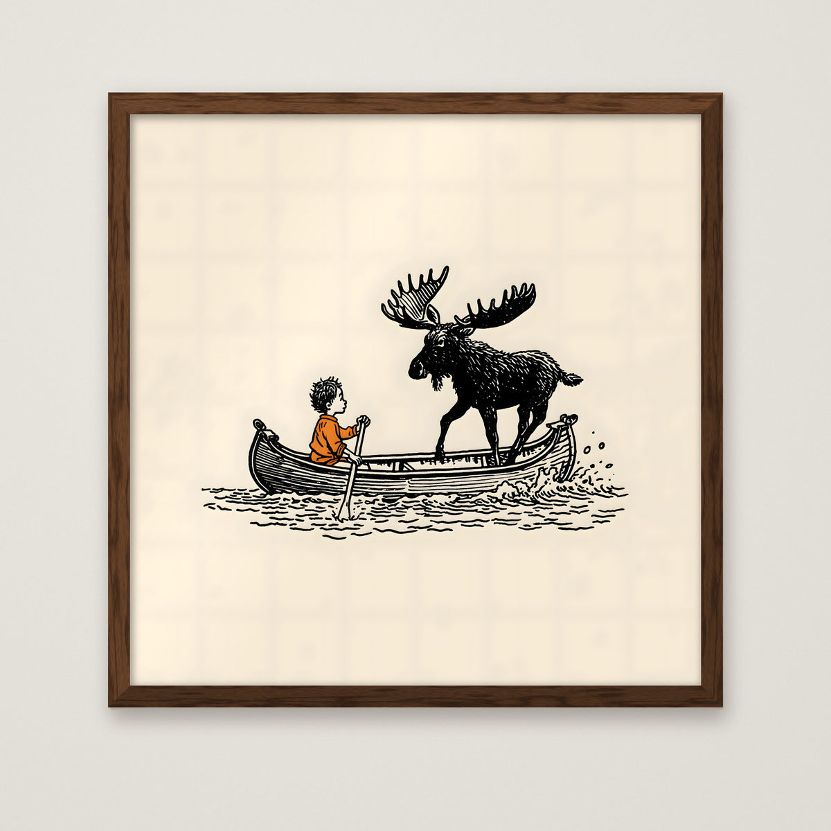 Boy and Moose Canoe Art in a dark wood frame